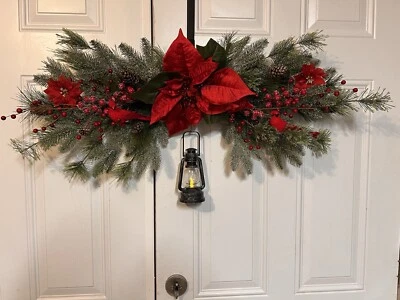 Christmas Mantel/Door Swag,  Red Poinsettias, Pinecones, Cardinals and Lantern - Image 1 of 4