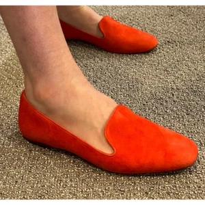 J. Crew Suede Smoking Loafers Slippers Flats Fiery Sunset Unexpected Red Size 7 - Picture 1 of 20