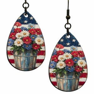Patriotic Summer Flowers American Flag Earrings NO TARNISH Wood Teardrop Dangle - Picture 1 of 9