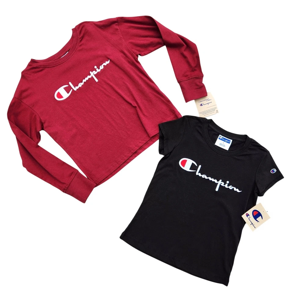 Conjunto de 2 camisetas Champion Girl negras/rojas bordadas con logotipo de escritura para niños talla S Foto 1 de 2