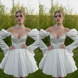 Satin Short Wedding Dresses Off Shoulder Long Sleeve Above Knee Boho Bridal Gown - Picture 1 of 9