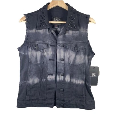 Rock & Republic Gunshow Vest Women's Size XS Black Denim Studs Biker Punk NWT - Image 1 of 4