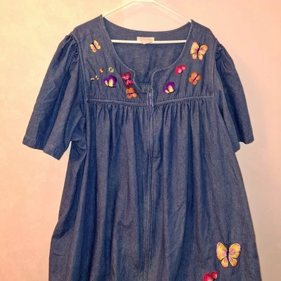 Bechamel Denim Dress Womens Size 3X Blue Butterfly Embroidered, Pockets Zipper - Image 1 of 4