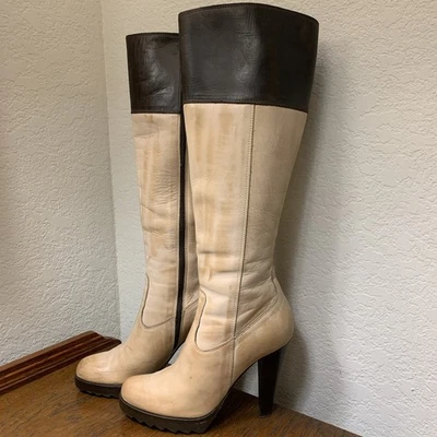 Donald J. Pliner Women’s 7M Two Tone Knee High Heel Leather Boots Skywalk Tan - Image 1 of 4