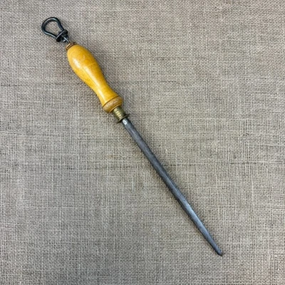 ANTIQUE SHEFFIELD FORGED STEEL HANGING SHARPENING STEEL W/ WOODEN HANDLE - Image 1 of 4