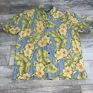 Tommy Bahama Silk Hawaiian Shirt Blue w Yellow Orange Flowers Large - Picture 1 of 9