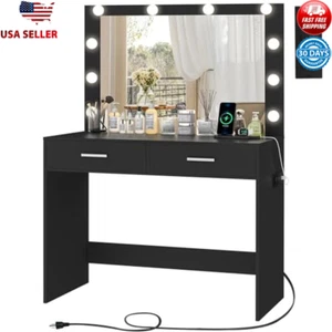 Large Lighted Makeup Vanity Desk W/ Charging Station 2 Drawers Storage New - Picture 1 of 7