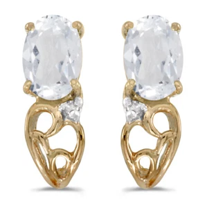14k Yellow Gold Oval White Topaz And Diamond Earrings - Picture 1 of 2