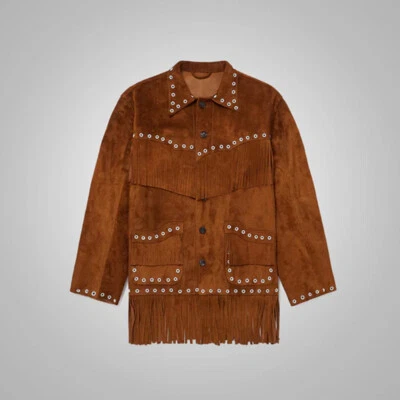 Men's Brown Western Leather Jacket With Fringe Cowboy Style Suede Leather Jacket - Image 1 of 4