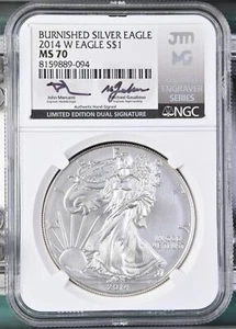 2014 W EAGLE BURNISHED SILVER EAGLE S$1 DUAL SIGNATURE MERCANTI GAUDIOSO - Picture 1 of 3
