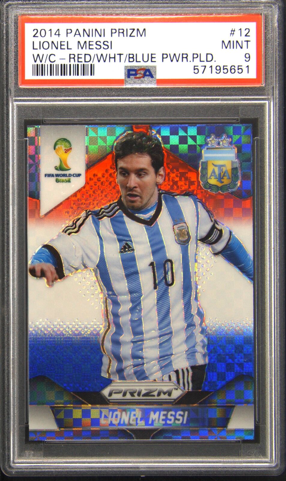 2014 Prizm World Cup #12 Lionel Messi Red White Blue Power Plaid PSA 9
