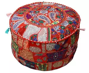 22" Indian Vintage Patchwork Handmade Pouffe Ottoman Footstool Pouf Cover Red - Picture 1 of 6