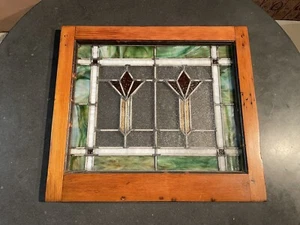 Vintage Geometric Design Stained Glass with Wooden Frame *GREAT CONDITION* - Picture 1 of 2