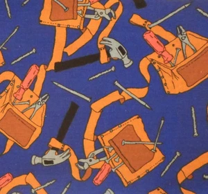 Blue Orange Tool Belt Hammer Pliers Nail Heavy Cotton Decor Fabric 60 W 1.6 Yard - Picture 1 of 4