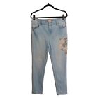 CHICO'S Embroidered Pink Green Rose Floral Light Blue Ankle Jeans 1 (Small)