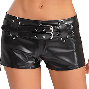 UK Women's Faux Leather Low Waist Punk Skinny Shorts Rave Dance Booty Shorts - Picture 1 of 22