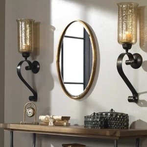 HERLEVA AGED FORGED METAL OVAL BEVELED WALL VANITY MIRROR 12894 - Picture 1 of 4