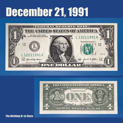 December 21, 1991 Birthday Anniversary $1 One Dollar Bill Serial Number 12211991 - Image 1 of 2