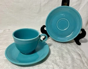 VTG Fiesta Homer Laughlin Turquoise Teacup and 2 Saucers 1937-1969 Ring Handle - Picture 1 of 8