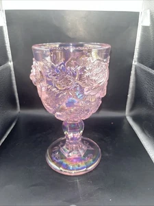 L.G. Wright Fenton Glass Wild Rose Madonna Inn Pink Iridescent Water Goblet 6.5” - Picture 1 of 6