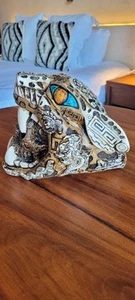 Jaguar Calavera Guerrero Maya Azteca Estatua Mexicana 10" x 10", Resina Hueso de Pez - Imagen 1 de 15