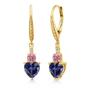 18K Yellow Gold Plated Silver Blue Iolite Pink and White Lab Grown Diamond Drop - Picture 1 of 4