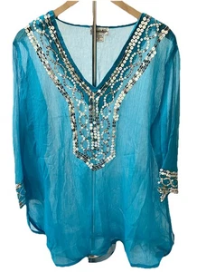 JMB Signature Top Womens 1X Turquoise Blue Tunic CoverUp Sequin Sheer Boho Fairy - Picture 1 of 9