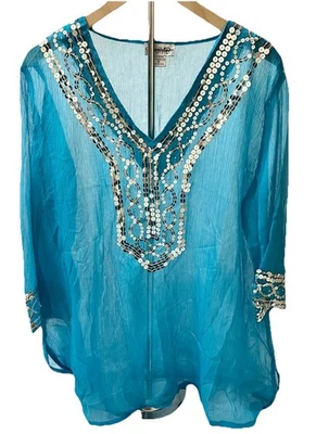 JMB Signature Top Womens 1X Turquoise Blue Tunic CoverUp Sequin Sheer Boho Fairy - Image 1 of 4