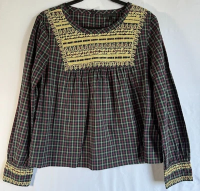 J Crew  Blouse L Multicolor Plaid Tartan 100% Cotton Long Sleeve Embroieded Boho - Image 1 of 4