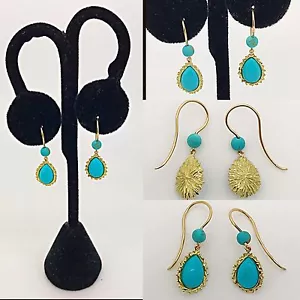 Pendientes boho de oro amarillo natural turquesa de 18 K hechos a mano - Imagen 1 de 7