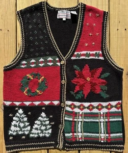 Vintage Westbound Winter Christmas Cotton Sweater Cardigan Vest Large Hand Knit - Picture 1 of 9
