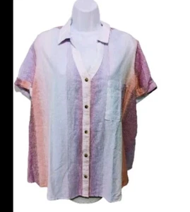 NWT Terra & Sky Short Sleeve Button Up Shirt Womens 1X Rainbow Striped #5500 - Picture 1 of 6