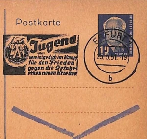 GERMANY DDR 1951 *JUGEND* Vignette 12pf Postcard Superb ERFURT CDS {samwells}Y8 - Picture 1 of 3