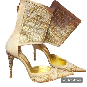 Gold Pointed toe Stiletto Pumps US sz 6 /Eur Sz 36 Beaded Shoes - Picture 1 of 23