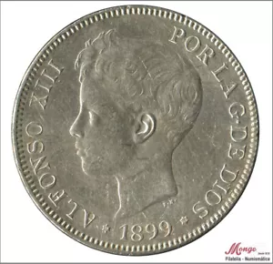 España Alfonso XIII 5 pesetas 1899 (*18*99) SGV / 24,78 gr. plata EBC- / XF- - Imagen 1 de 2