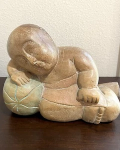 Hand Carved Wooden Buddha Young Boy Sleeping On Melon Sculpture Figurine Statue - Picture 1 of 12