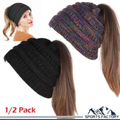 1/2Pc Ponytail Beanie Tail Soft Stretch Cable Knit Messy High Bun Hat Women Warm - Image 1 of 4