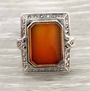 VTG Art Deco Sterling Silver Carnelian & Marcasite Ring Size 7.5 FZZ - Picture 1 of 6