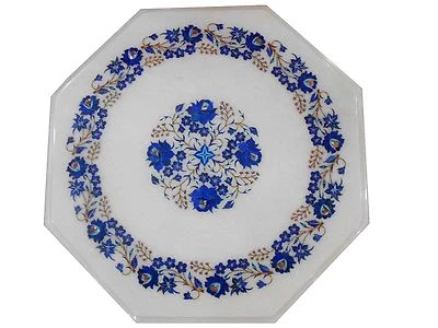 18" Marble Corner Table Top Semi Precious Stone Lapis Floral Inlay Work - Image 1 of 2