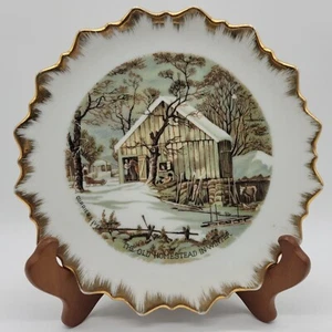 CURRIER & IVES The Old Homestead In Winter Collector Wall Plate With Gold Trim - Picture 1 of 1