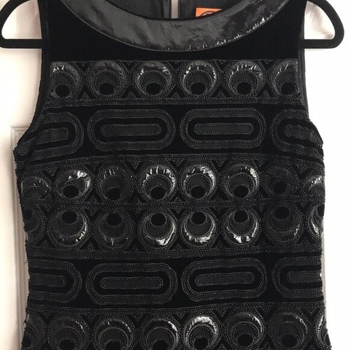 Abito Tory Burch nero con perline velluto vernice bordo cerchio rete taglia 4 $995