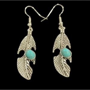 Men’s Silver Feather Turquoise Dangle Earrings, Western Native Style Jewelry New - Picture 1 of 10