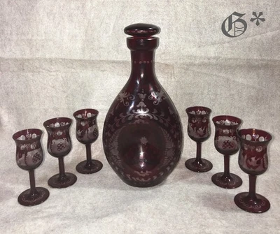 1930s Engraved Ruby Glass Decanter and Glass - Image 1 of 4