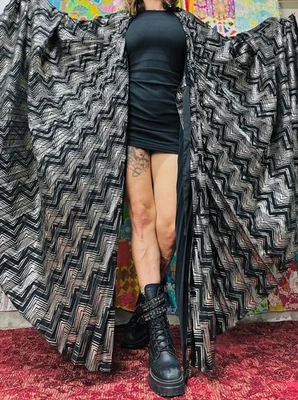 Upcycled Metallic Cape Chevron Pattern Handmade Silver Black Wizard Festival - Image 1 of 4
