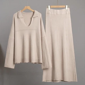 Lady Knitwear Set V-Neck Knit Sweater Skirt Casual Knit Jumper Sweater Top Suits - Picture 1 of 17