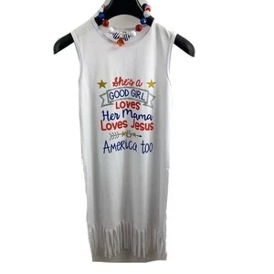 4th Of July Dress Girls White Fringe Beaded Necklace Patriotic Graphic 4XL - Picture 1 of 6