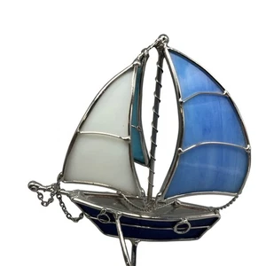 Stained Glass 3D Sailboat Sculpture Sun Catcher Self Standing Nautical - Picture 1 of 5