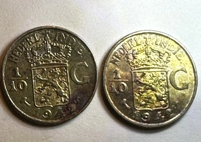 Netherlands East Indies 1942 Coin Lot – 2 x 1/10 Gulden – WWII Era Coins - Image 1 of 4