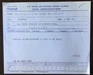 WW2 1941 TELEGRAMA ALERTA EE. UU. UNIDADES NAVALES SOBRE ATAQUE A PEARL HARBOUR *Repro - Imagen 1 de 6