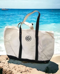Rare! Vintage LL Bean Medium Boat Tote Black Stiff Canvas Monogram Made In USA - Picture 1 of 16